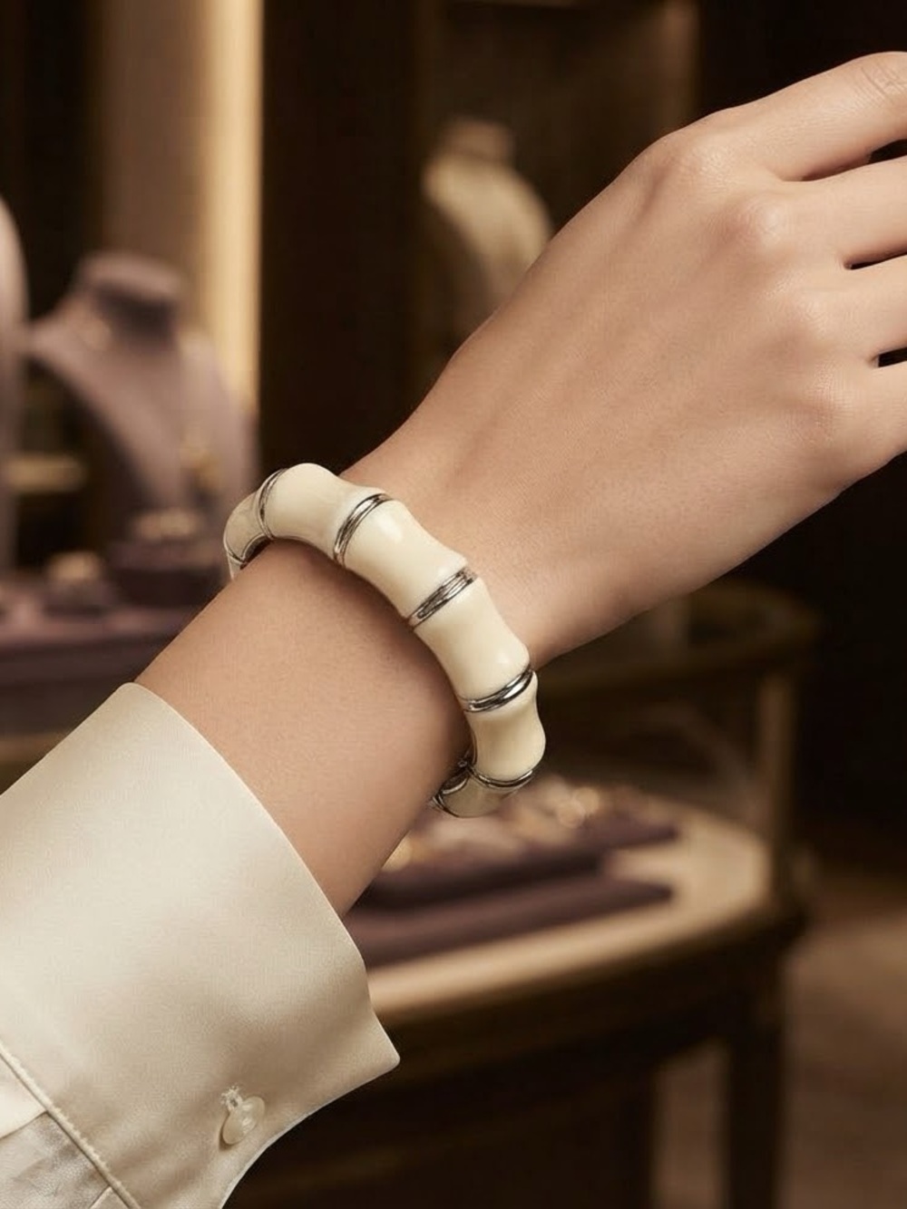 Egg shell White enamel bamboo-style gold-tone bangle bracelet